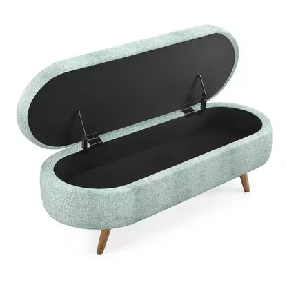 Panca contenitore ovale con gambe in legno di gomma e rivestimento in lino trapuntato – Contenitore nascosto