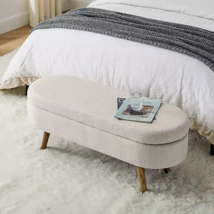 Panca contenitore ovale con gambe in legno di gomma e rivestimento in lino trapuntato – Contenitore nascosto