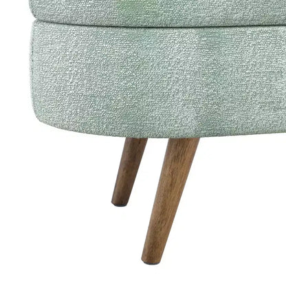 Panca contenitore ovale con gambe in legno di gomma e rivestimento in lino trapuntato – Contenitore nascosto
