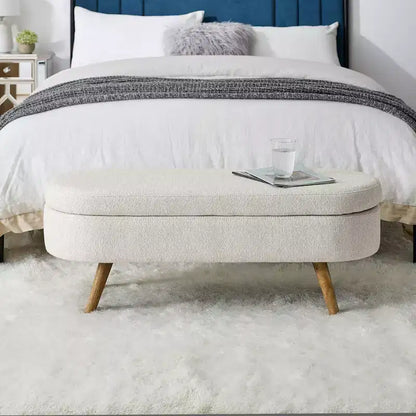 Panca contenitore ovale con gambe in legno di gomma e rivestimento in lino trapuntato – Contenitore nascosto