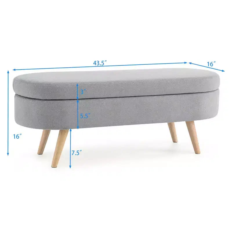 Panca contenitore ovale con gambe in legno di gomma e rivestimento in lino trapuntato – Contenitore nascosto
