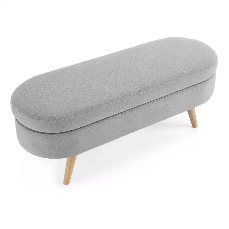 Panca contenitore ovale con gambe in legno di gomma e rivestimento in lino trapuntato – Contenitore nascosto