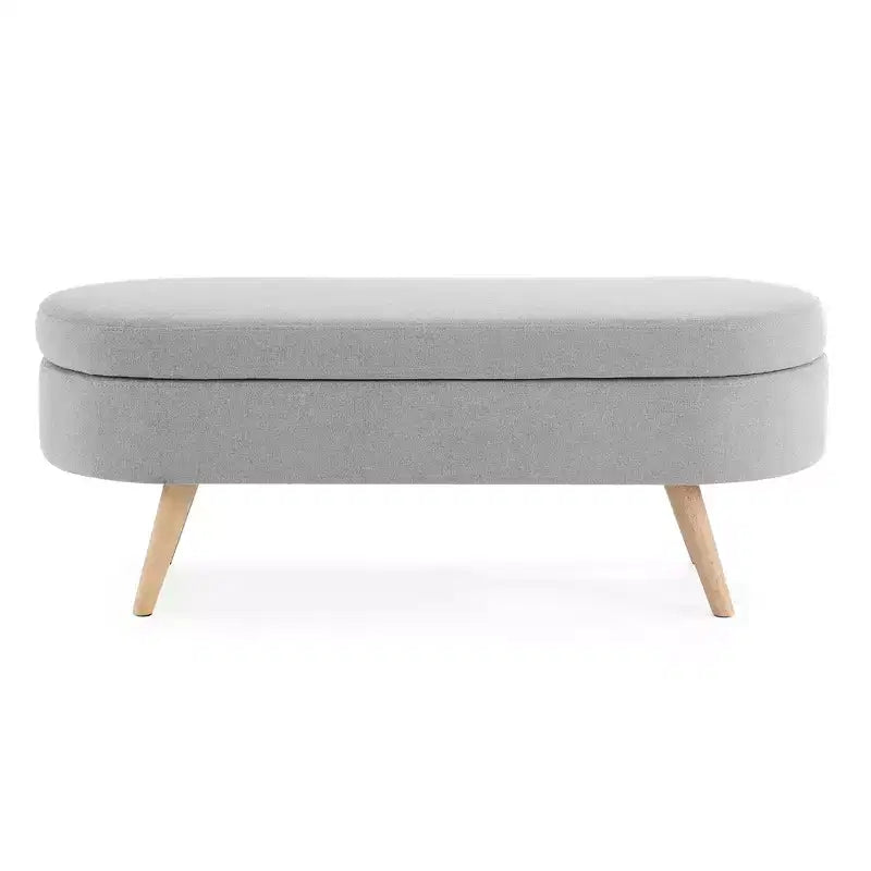 Panca contenitore ovale con gambe in legno di gomma e rivestimento in lino trapuntato – Contenitore nascosto
