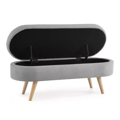 Panca contenitore ovale con gambe in legno di gomma e rivestimento in lino trapuntato – Contenitore nascosto