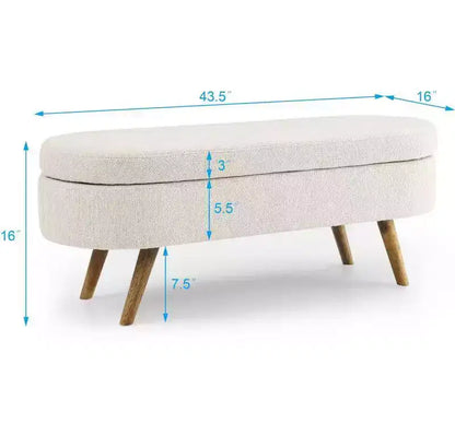Panca contenitore ovale con gambe in legno di gomma e rivestimento in lino trapuntato – Contenitore nascosto