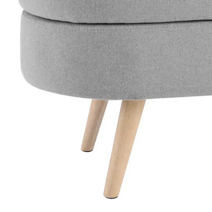 Panca contenitore ovale con gambe in legno di gomma e rivestimento in lino trapuntato – Contenitore nascosto