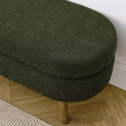 Panca contenitore ovale con gambe in legno di gomma e rivestimento in lino trapuntato – Contenitore nascosto