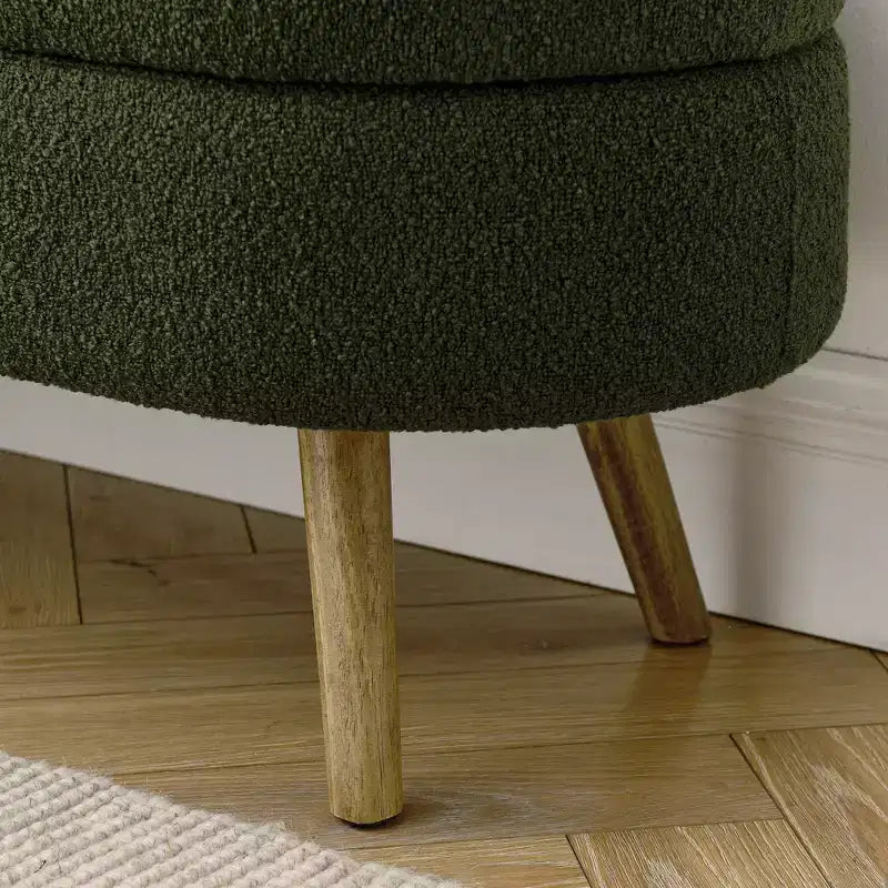 Panca contenitore ovale con gambe in legno di gomma e rivestimento in lino trapuntato – Contenitore nascosto