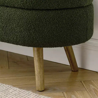 Panca contenitore ovale con gambe in legno di gomma e rivestimento in lino trapuntato – Contenitore nascosto