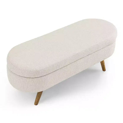 Panca contenitore ovale con gambe in legno di gomma e rivestimento in lino trapuntato – Contenitore nascosto