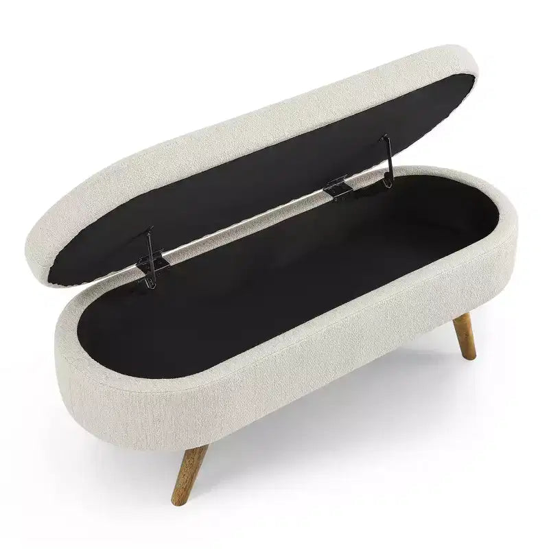 Panca contenitore ovale con gambe in legno di gomma e rivestimento in lino trapuntato – Contenitore nascosto