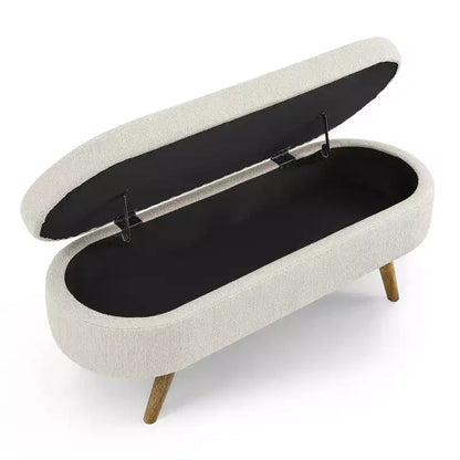 Panca contenitore ovale con gambe in legno di gomma e rivestimento in lino trapuntato – Contenitore nascosto