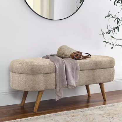 Panca contenitore ovale con gambe in legno di gomma e rivestimento in lino trapuntato – Contenitore nascosto
