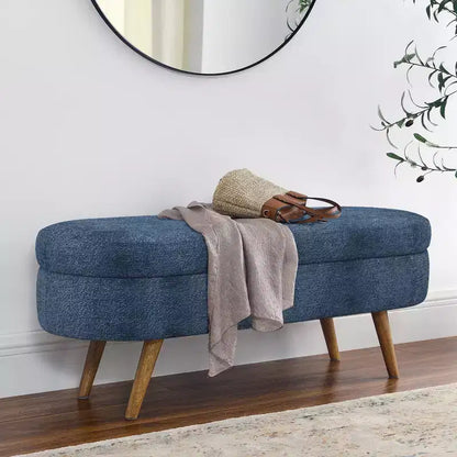 Panca contenitore ovale con gambe in legno di gomma e rivestimento in lino trapuntato – Contenitore nascosto