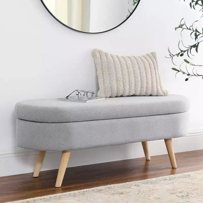 Panca contenitore ovale con gambe in legno di gomma e rivestimento in lino trapuntato – Contenitore nascosto
