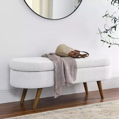 Panca contenitore ovale con gambe in legno di gomma e rivestimento in lino trapuntato – Contenitore nascosto