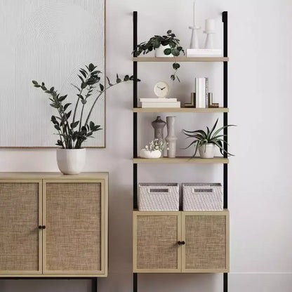 Libreria a scaletta in rattan a 3 ripiani da 73" con contenitori aperti