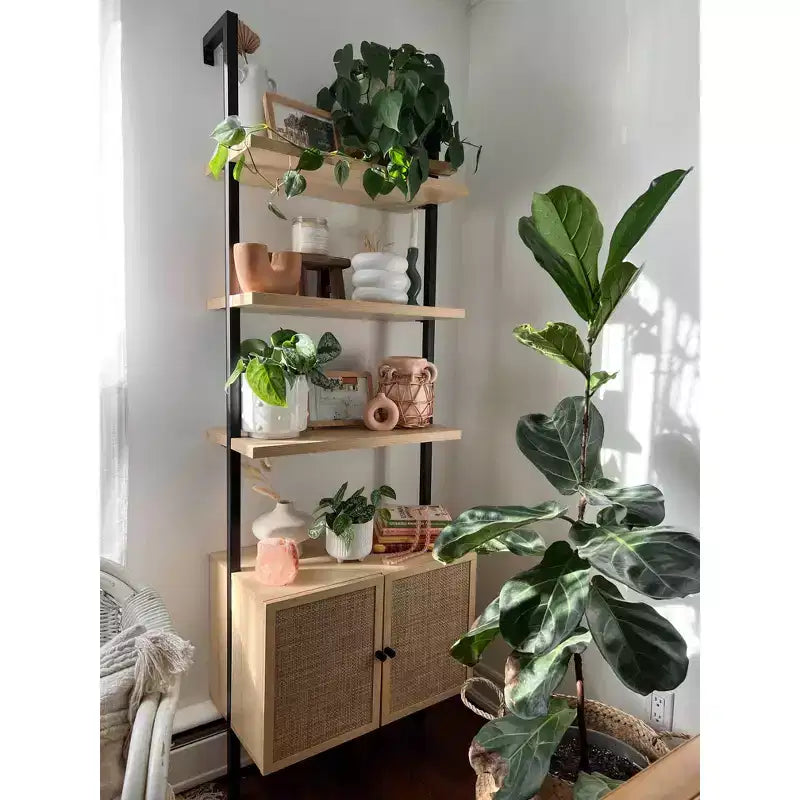 Libreria a scaletta in rattan a 3 ripiani da 73" con contenitori aperti