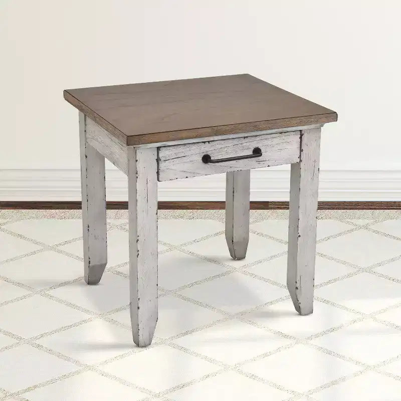 Tavolino finale in legno invecchiato con cassetto – 61 cm A x 61 cm L x 56 cm P, Marrone