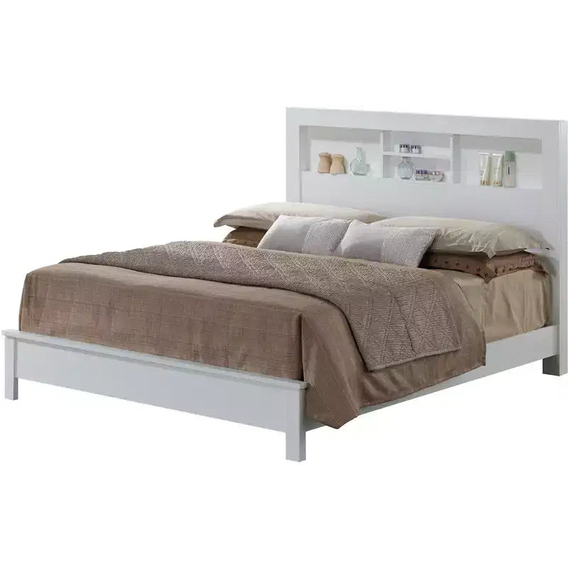 Letto matrimoniale con scaffali portaoggetti integrati – Legno massiccio e composito