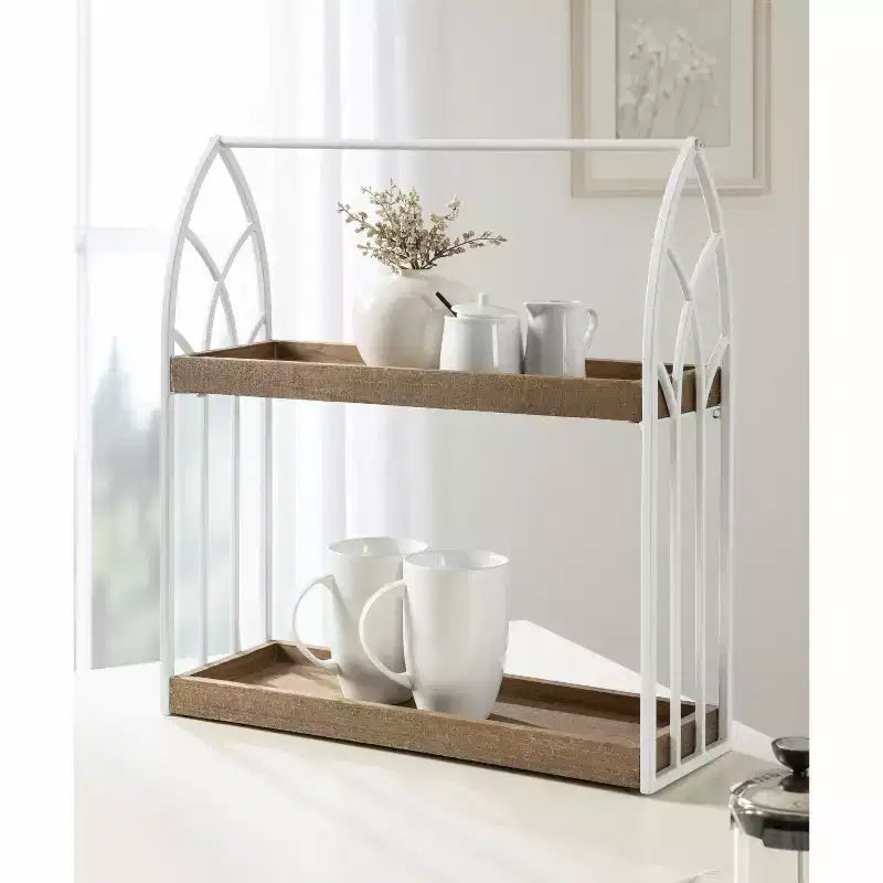 Mensola rettangolare in legno 20x7x22 – bianco e marrone rustico, 2 ripiani stile rustico